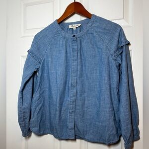 Madewell Denim Collarless Ruffle Sleeve Button Front Blouse Size XS